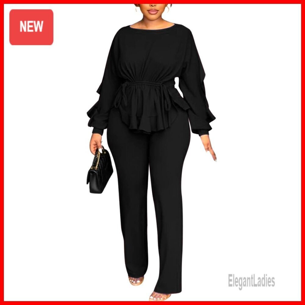 Long Sleeve Peplum Top Pant Set Business Casual Polyester Spandex XXL